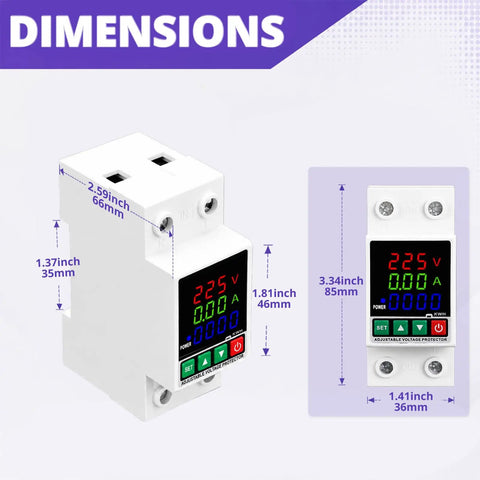 No Sweat 220V Adjustable Voltage Protector Smart Circuit Breaker dimensions shown with color LCD readout and mounting specs.