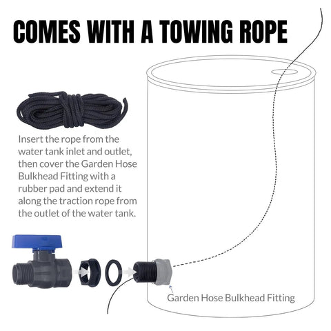 Diagram of a 2 Pack 3/4 Inch GHT PVC Rain Barrel Spigot Kit With Ball Valves, Bulkhead Adapters, and rope for outdoor tanks.