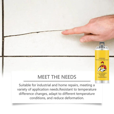 Hand pointing at cracked tile with DIY Friendly No Fuss Tile And Stone Crack Repair Kit For Ceramic Porcelain Marble And Granite Chips Glaze Paste displayed