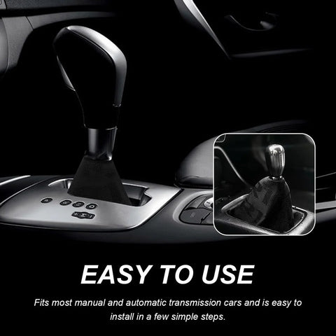 SHMZK black fabric shift boot cover for car gear lever; stitched gaiter, front and close-up views.