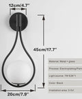 Modern Globe Wall Sconce Set Of 2 Black Glass Drop Lights with frosted glass ball, showing dimensions and material details.