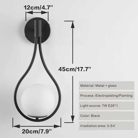 Modern Globe Wall Sconce Set Of 2 Black Glass Drop Lights with frosted glass ball, showing dimensions and material details.