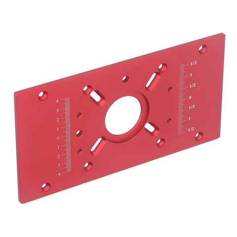 Top Shelf Aluminum Alloy Router Table Insert Plate With Wicked Smooth Lift System And Two Swap Ready Rings For Garage Woodworking Benches Shop Badass Heavy Duty Router Base Board Accessory Sharp Red Finish with ruler engravings.