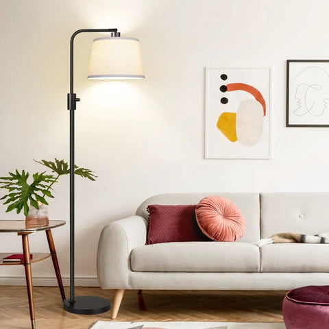 Fully Dimmable Arc Floor Lamp With 1000 Lumens LED Edison Bulb Included, black linen shade next to modern sofa in living room.