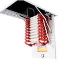 Hella Sturdy Fully Automatic Electric Attic Ladder With Smooth Retractable Ceiling Access Heavy Duty Telescopic Folding Stairs No Fuss Setup showing red treads and metal structure.