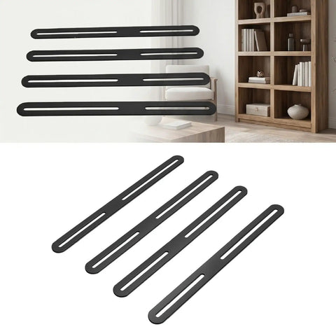 Black Flat Mending Plate Kit, 4 Pack Adjustable Slotted Bracket Supports for wood furniture repair displayed on shelf
