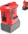 Hit The Road With Heavy Duty Juice From This 300W Portable Power Inverter For Makita 20V And 18V Batteries Converting DC To AC 110V For Camping Featuring Type C And Dual Usb Ports With A Cool Led, red and black design, compact size.