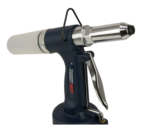 Kick Ass Pneumatic Pop Rivet Gun With Hydraulic Might sets steel rivets up to 3/16 inch, showcasing nozzle and trigger design.