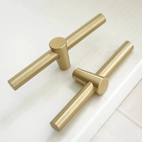 Brushed Brass Cabinet Knobs 4 Pack T Bar Cabinet Pulls Gold Finish 3.9 Inch Length Single Hole Drawer Handles Solid Copper Construction