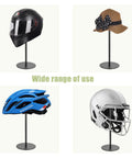 Sturdy Metal Hat Stand For Desk Or Shelf showing helmets and hats, stable display rack, black finish, set of two, keeps shape.