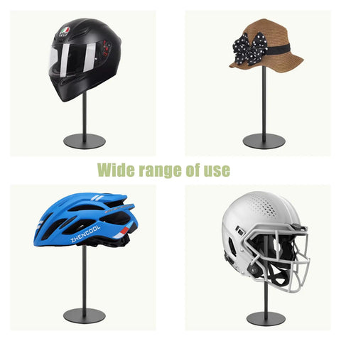 Sturdy Metal Hat Stand For Desk Or Shelf showing helmets and hats, stable display rack, black finish, set of two, keeps shape.
