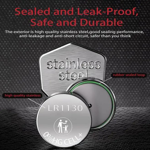 Heavy Duty AG10 LR1130 Button Cell Batteries 1.5V Alkaline 6 Pack showing stainless steel exterior and rubber seal detail.