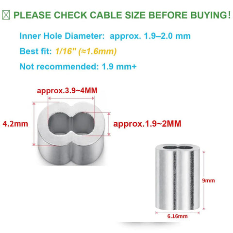 1/16 Inch Aluminum Wire Rope Ferrules Loop Sleeves Crimping Set 200 Pieces For Cable Crimps Pro Grade Aluminum With Easy Lock Ends To Lock Tight Using Pliers Or Vise Smooth Clean Crimps On Small Diameter Rope, size diagram