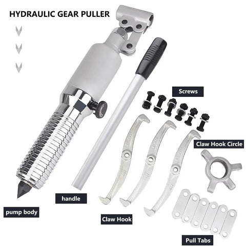 Heavy Duty 50 Ton Hydraulic Bearing Puller Kit 110000 Lbs Capacity 19 Inch Max Opening components including claw hooks and pump body.