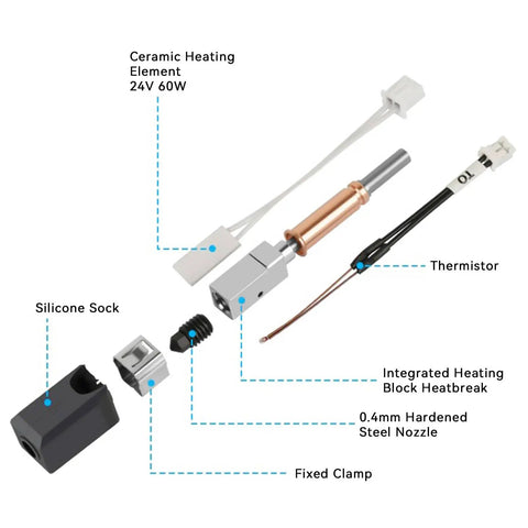 Kobra 3 And Kobra 3 V2 Ceramic Hotend Upgrade Kit with 0.4mm Hardened Steel Nozzle, Integrated Heating Block, and Heat Break components.