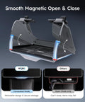 Under Screen Center Console Organizer For Model Y 2019 Through 2026 Including Juniper 2025 2026 Standard Premium And Performance Concealed Center Console Organizer Tray Quick Easy Stable Installation showcasing smooth magnetic closure with concealed and open modes comparison.