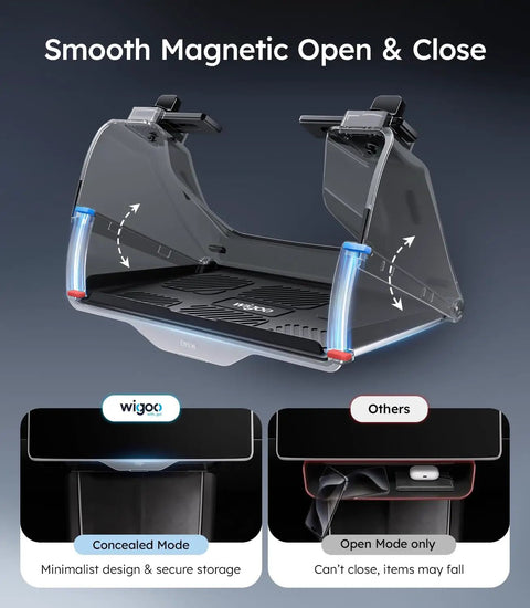 Under Screen Center Console Organizer For Model Y 2019 Through 2026 Including Juniper 2025 2026 Standard Premium And Performance Concealed Center Console Organizer Tray Quick Easy Stable Installation showcasing smooth magnetic closure with concealed and open modes comparison.