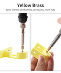 Heat Set Insert Tool Kit For 3D Printers TS101 TS100 936 Soldering Iron Adapter inserting brass knurled nut into yellow part