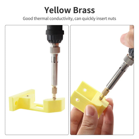 Heat Set Insert Tool Kit For 3D Printers TS101 TS100 936 Soldering Iron Adapter inserting brass knurled nut into yellow part