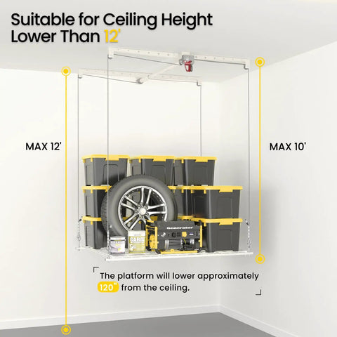 No Sweat Overhead Garage Storage Rack Straight Up Heavy Duty Ladder Free Ceiling Lift Tray For 8 To 10 Ft Ceilings 250 Pound Weight Limit With Secure Safety Latch In Bright White