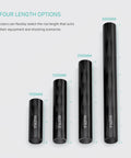 Four carbon fiber rods in 100mm, 150mm, 200mm, 300mm for rail systems, including 2 Pack 20cm Carbon Fiber Rods 15mm For Rail Support System Lightweight Ultra Strong UV Resistant Coated Matte Black Finish Minimizes Reflections Great For DSLR Shoulder Rigs Stabilizers Cages Matte Boxes