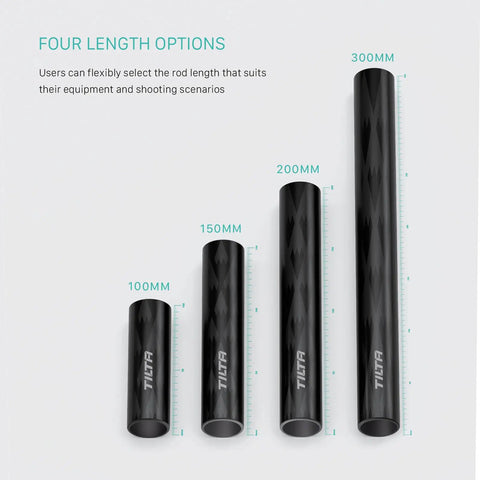 Four carbon fiber rods in 100mm, 150mm, 200mm, 300mm for rail systems, including 2 Pack 20cm Carbon Fiber Rods 15mm For Rail Support System Lightweight Ultra Strong UV Resistant Coated Matte Black Finish Minimizes Reflections Great For DSLR Shoulder Rigs Stabilizers Cages Matte Boxes