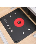 Rock Solid Heavy Duty Router Lift With Aluminum Table Insert Plate For Woodworking Shops 107 mm Plus 65 mm Rings mounted on workbench.
