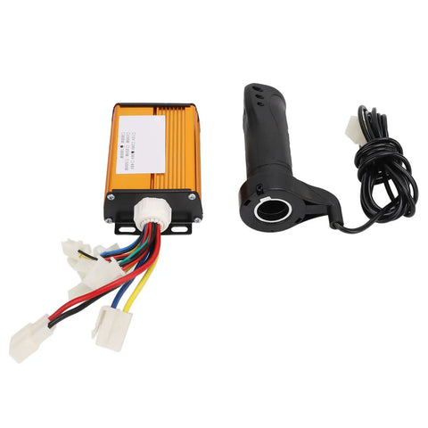 Brushed Electric Bike Controller 36V 1000W with aluminum shell and throttle grip, showing multicolored wires and connectors.