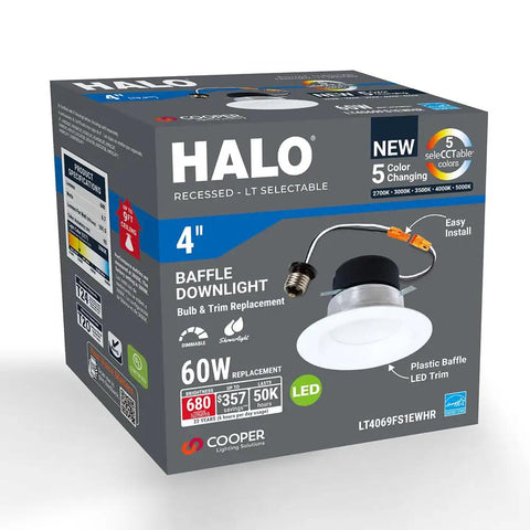 Product packaging for 4 Inch LED Recessed Retrofit Trim Can Light Kit For Indoor Outdoor Use, 3 CCTs, image showing box label details.