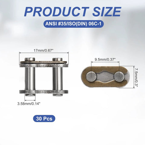Product details of 30 PCS ANSI #35 Roller Chain Master Link Set, sizes 9.5mm pitch, heavy-duty manganese steel for repairs.