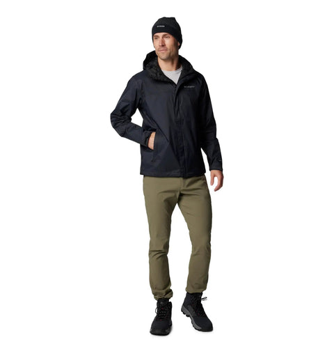 Man wearing Watertight II Waterproof Rain Jacket For Men Black Size Large With Durable Nylon Shell Weatherproof Beat-The-Rain Gear