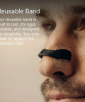 Magnetic Nasal Strips Starter Kit With Reusable Band And Tabs For Sleep Snoring Breathing And Sports Stronger Lift Than Traditional Nose Strips Four Sizes Fifteen Tabs Black applied on nose close-up