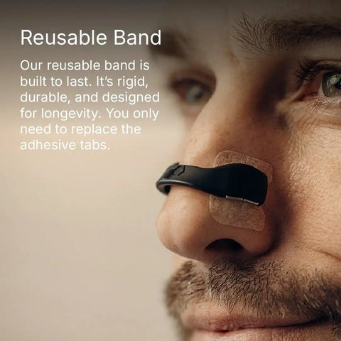 Magnetic Nasal Strips Starter Kit With Reusable Band And Tabs For Sleep Snoring Breathing And Sports Stronger Lift Than Traditional Nose Strips Four Sizes Fifteen Tabs Black applied on nose close-up