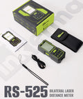 No Fuss Grab and Go Dual Laser Distance Meter 525FT Range Rechargeable Measure Tool With Tilt Sensor on display with accessories.
