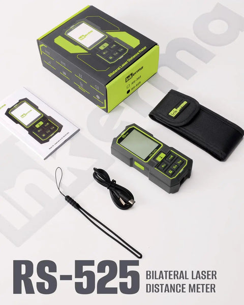 No Fuss Grab and Go Dual Laser Distance Meter 525FT Range Rechargeable Measure Tool With Tilt Sensor on display with accessories.