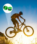 Silhouette of cyclist jumping at sunset with inset of Bike Tire Liner Inner Tube Flat Protector For 12in To 29in Wheels displayed.