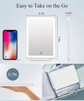 Rechargeable Travel Makeup Mirror With 72 LED Lights next to phone, dimensions shown, portable for travel use.