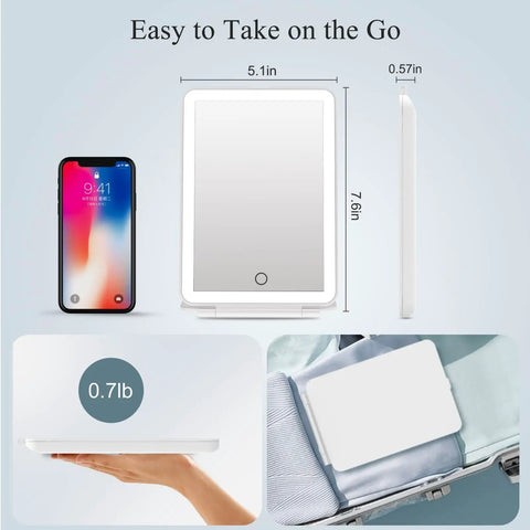 Rechargeable Travel Makeup Mirror With 72 LED Lights next to phone, dimensions shown, portable for travel use.