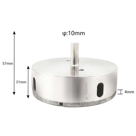 Front view of diamond hole saw drill bit, 10mm diameter, metal body with diamond grit for glass and ceramic tiles.