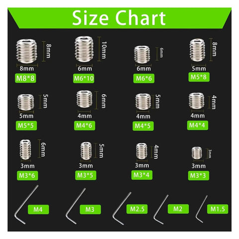 Thinking Process: stainless steel hex set screws size chart M3 M4 M5 M6 M8 with Allen keys