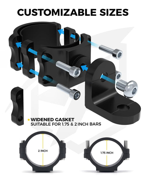 Exploded view of the Whip Light Mount And Flag Bracket For UTVs Heavy Duty CNC Aluminum 360 Degree Adjustable Mount showing customizable sizes.