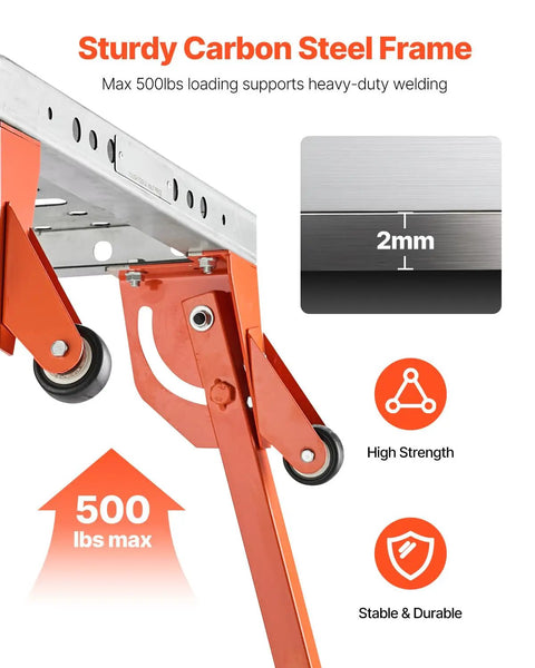 Close-up of Solid Gear Foldable Welding Table 44 X 21 Inch Carbon Steel Workbench frame showing sturdy design and 500lb capacity.