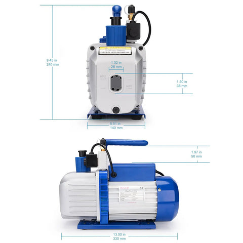 Front and side view of 5 CFM 2 Stage Rotary Vane Vacuum Pump With Solenoid Valve For HVAC 110V Half HP Ultimate Vacuum 10 To 15 Pa