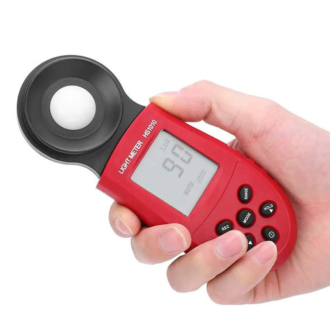 Lux Meter Handheld Light Meter For Indoor Lighting Plants Photography And Home Office Use Accurate Illuminance Tester In Lux And Foot Candles Portable Battery Powered Easy To Use On The Go Budget Friendly, red ABS handheld HS1010 light meter in hand