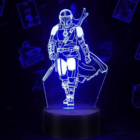 Blue 3D illusion lamp with Mandalorian design. Part of the Four Pattern 3D Illusion Lamp With Sixteen Color LEDs Timed Remote.