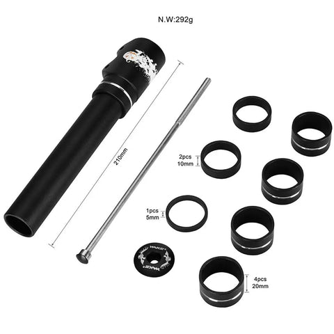 Adjustable Stem Riser And Fork Extender For Mountain Road MTB BMX And Fixie Aluminum Alloy Handlebar Raiser Up To 210 Millimeter Height Includes Seven Gaskets For Custom Fit And Easy Installation Head Up Adapter with visible gaskets and tool.