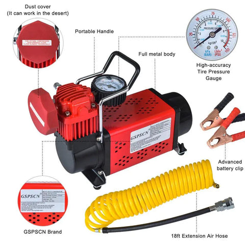 Heavy Duty 12V Car Air Compressor Pump Delivers A Blazing 150 PSI Blast And Perfect Quick Tire Inflator with gauge and hose.