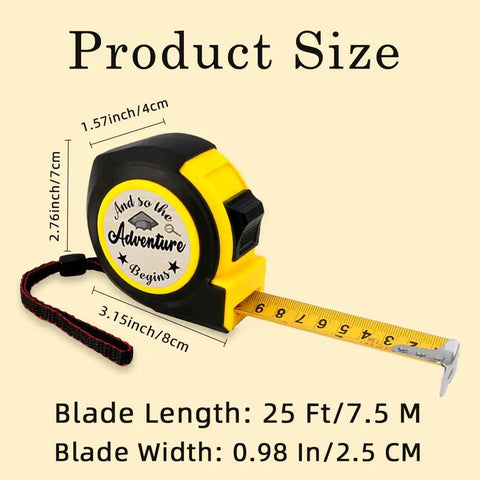 Graduation Gift Tape Measure Tool For Engineers And STEM Lovers 25 Foot Pocket Sized Measuring Tape with dimensions shown.