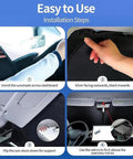 Foldable Windshield Sun Shade For Tesla Cybertruck 2024 installation steps, showing unrolling and fixing methods, black and silver sides.
