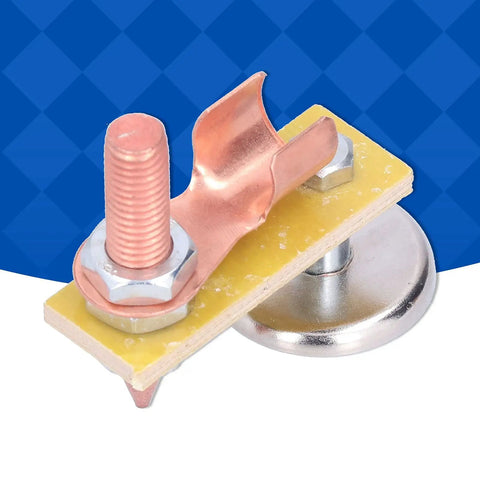 Heavy Duty Magnetic Welding Support With Strong Copper Tail Clamp Grounding Tool For Mechanical Repair And Metal Fixtures Featuring Easy Grip Screw Design, close-up view showing copper tail and magnet.
